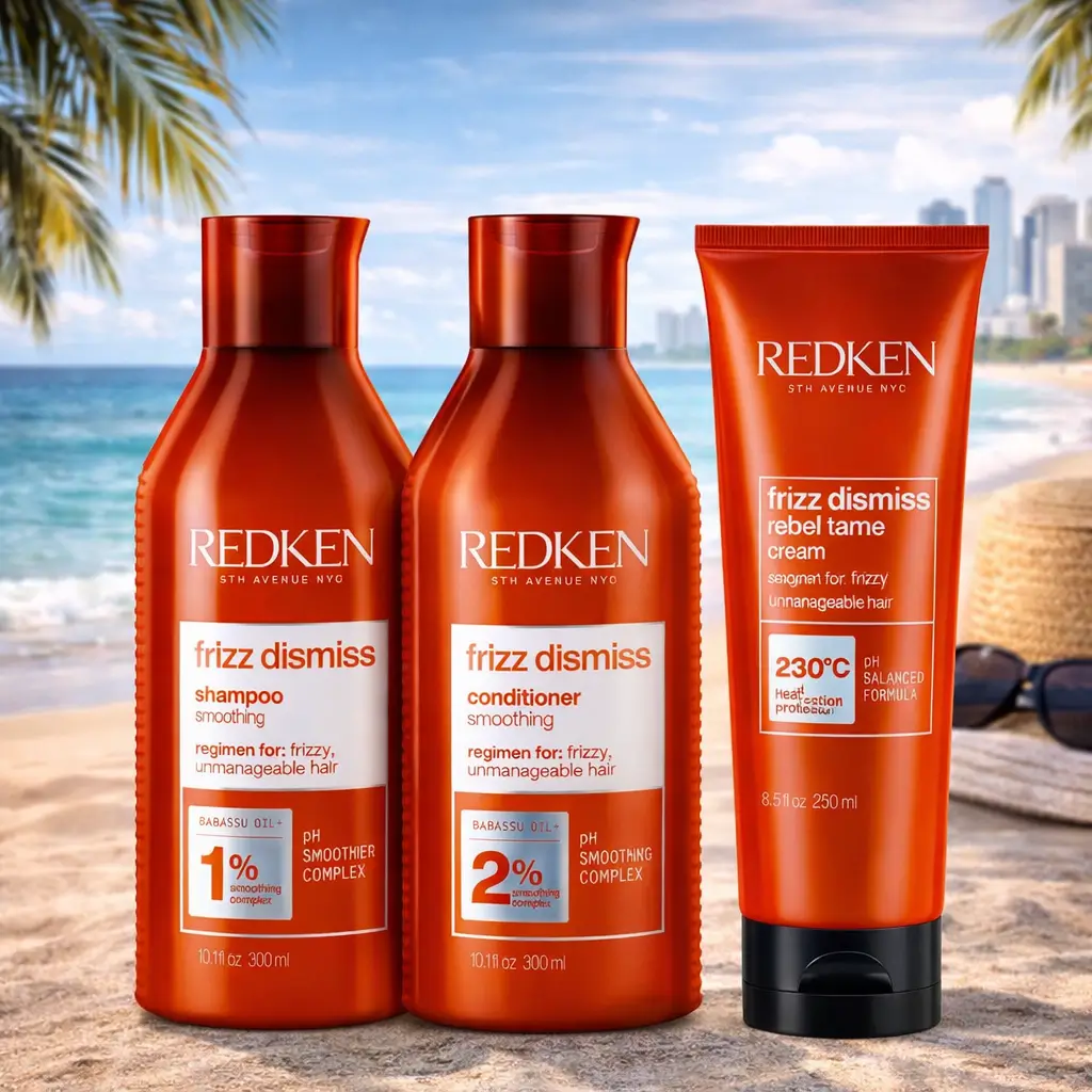 Frizz no verão com Kit Redken Frizz Dismiss para cabelos alinhados mesmo com calor e umidade.