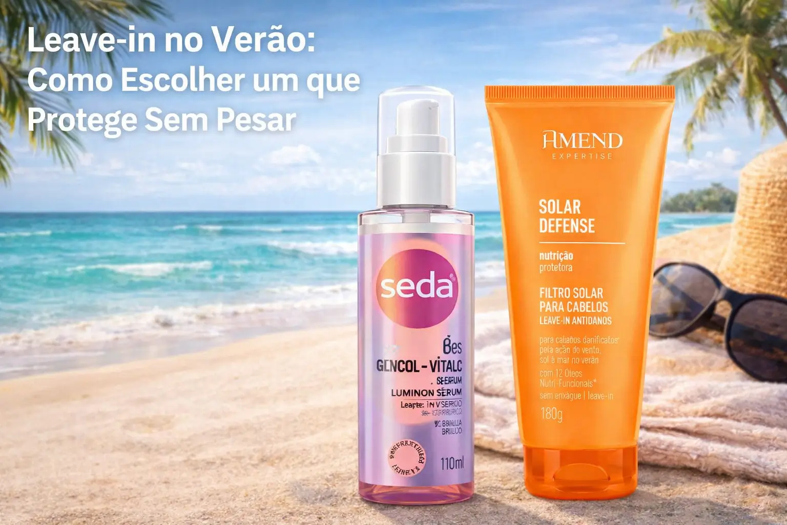 Leave-in no verão com dois produtos de proteção capilar em cenário de praia.