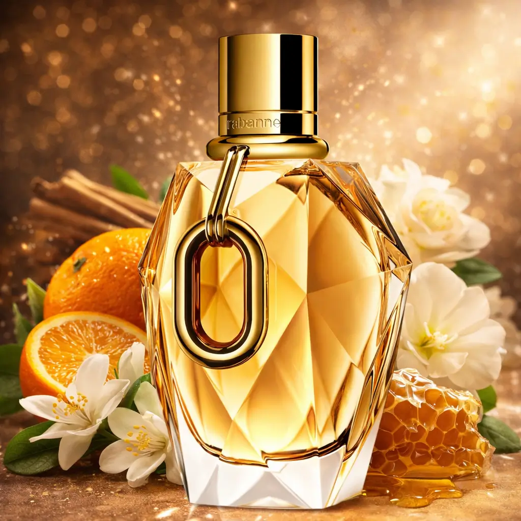 Perfume Million Gold For Her em frasco dourado facetado, destaque entre os perfumes femininos do Awards 2025 no Brasil.
