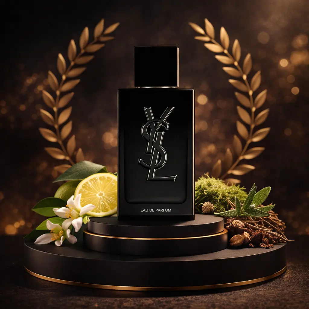 Perfume MYSLF Le Parfum Yves Saint Laurent em pódio elegante, destaque entre os Perfumes masculinos do Awards 2025.