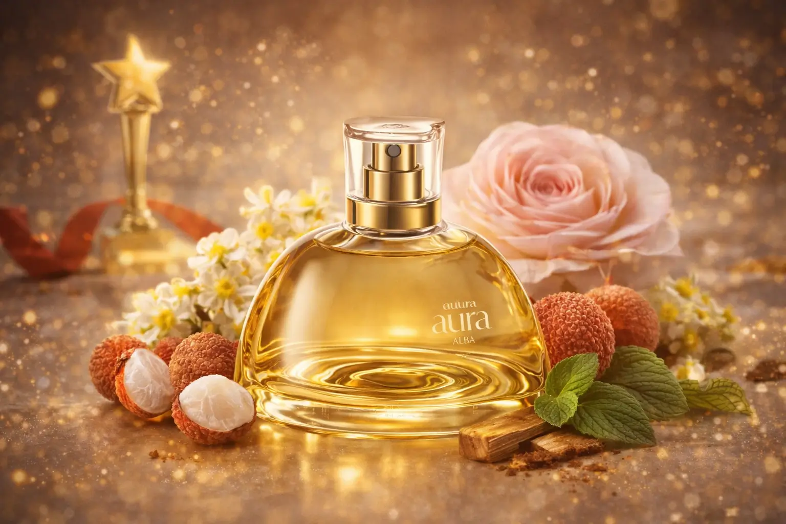 Natura Aura Alba em destaque com notas florais de lichia, flor do mel, rosa alba, sândalo e patchouli