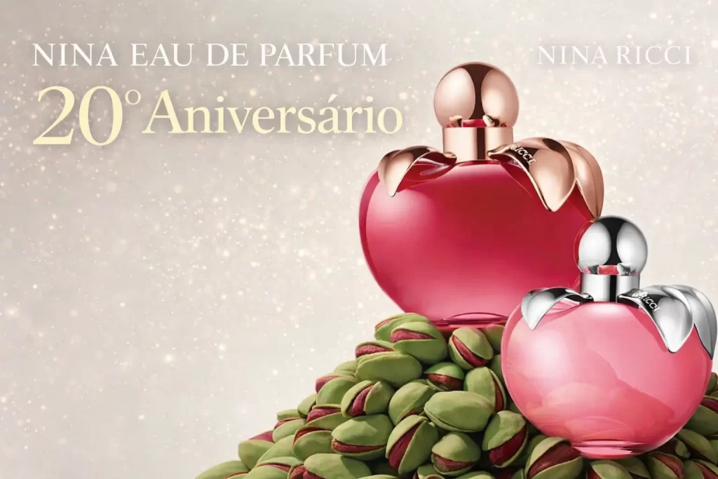 Nina Eau de Parfum 20º Aniversário da Nina Ricci, frasco icônico em formato de maçã representando um perfume feminino doce e sofisticado.