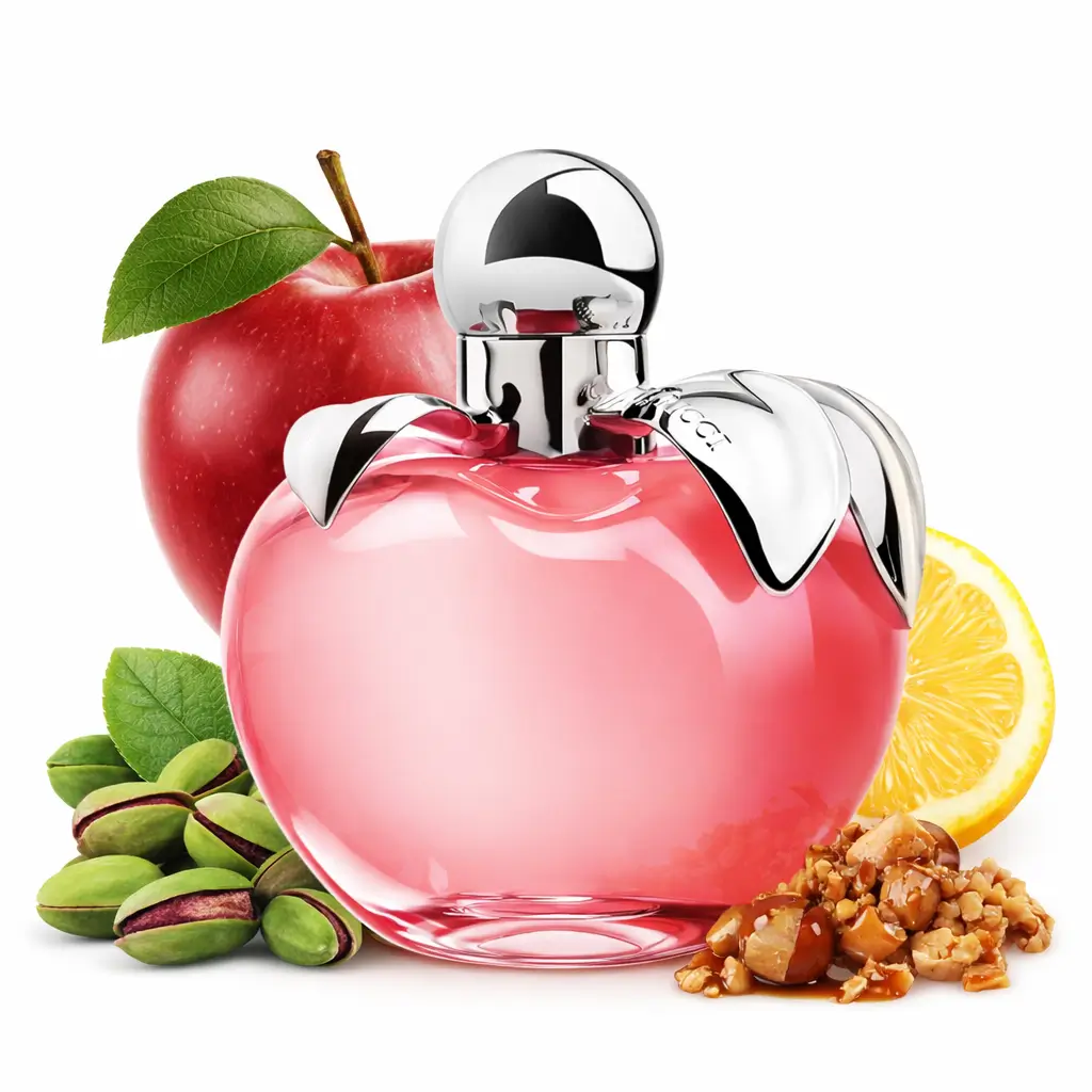 Perfume Nina Ricci Nina Eau de Parfum em frasco icônico em formato de maçã, cercado por ingredientes gourmand, destacando o perfume Nina