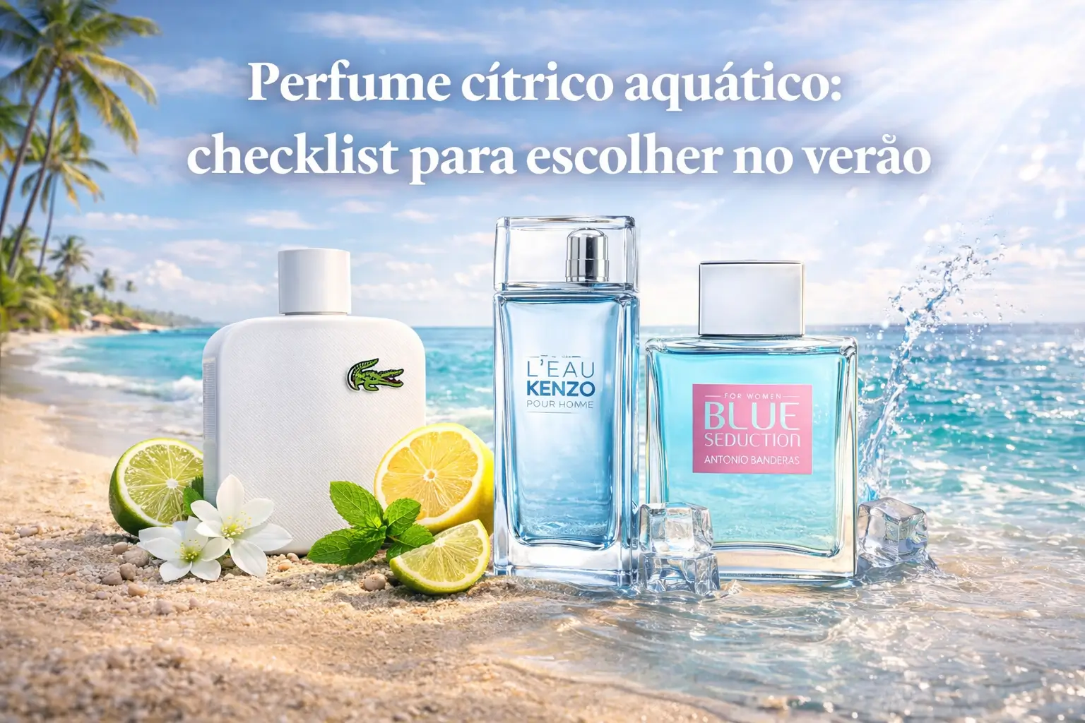 Perfume cítrico aquático em cenário de verão com fragrâncias frescas, mar ao fundo e sensação de leveza.