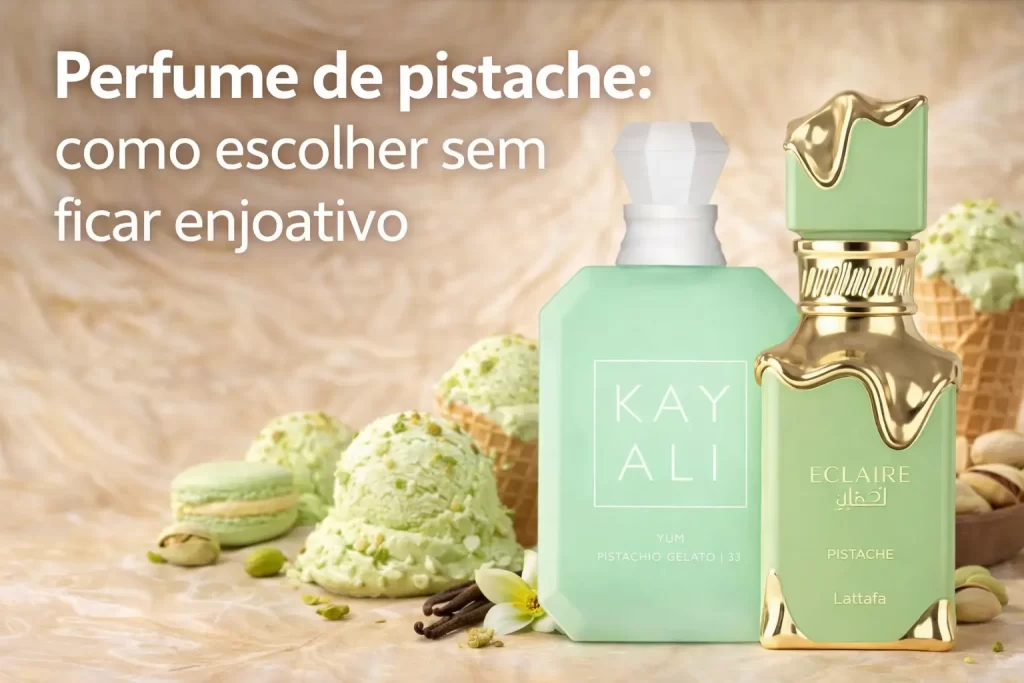 Perfume de pistache em destaque com frascos sofisticados e elementos gourmands em cenário elegante