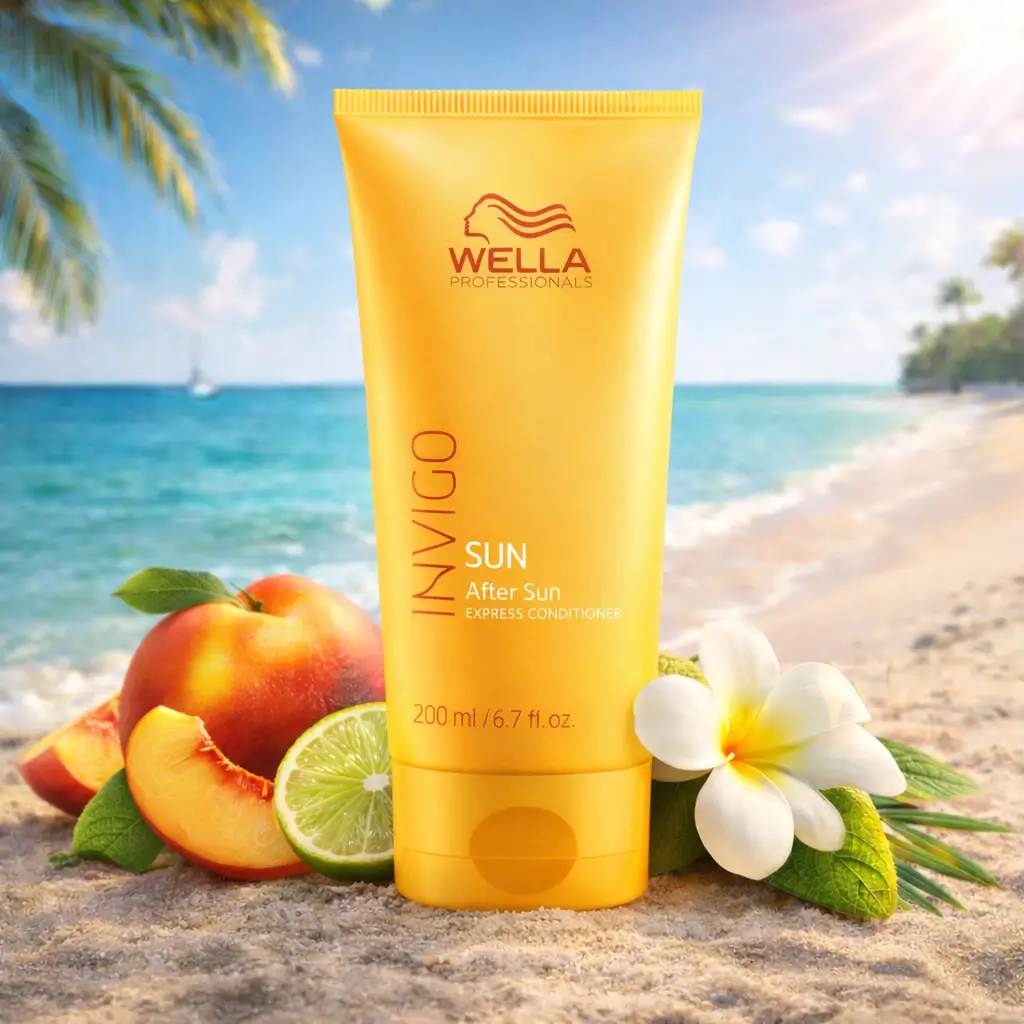 Cuidados com os cabelos no verão com Wella Invigo Sun Condicionador Pós-Sol em cenário leve com frutas e flores.