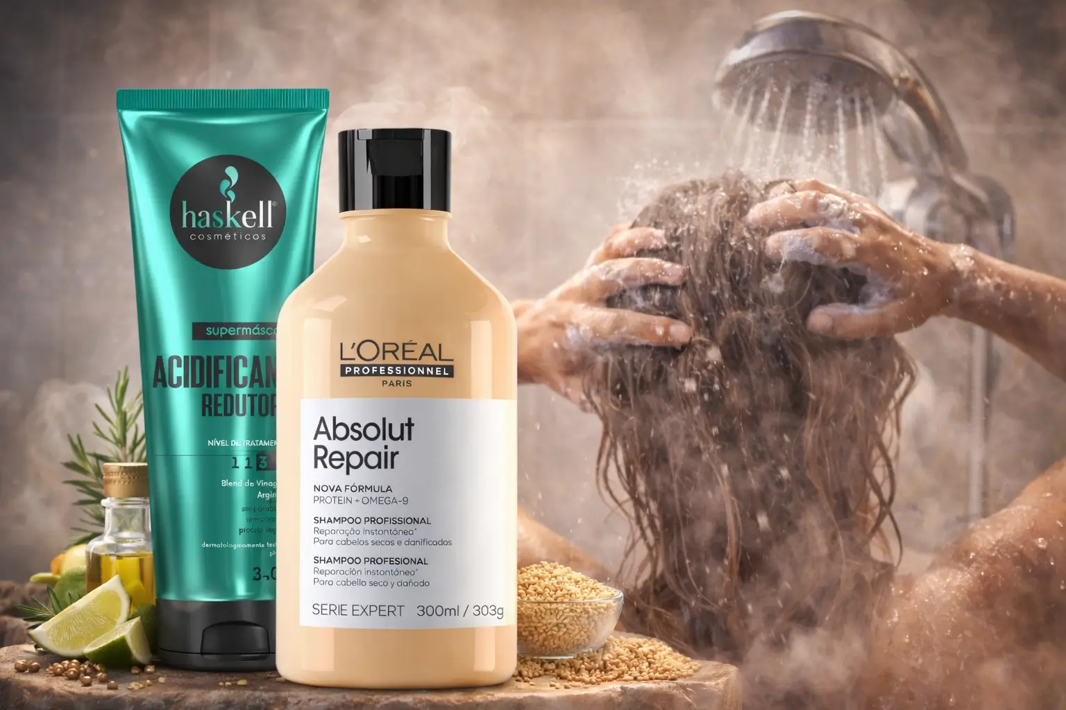 Água quente no verão danifica o cabelo: imagem mostra produtos de tratamento capilar usados para proteger os fios durante a lavagem