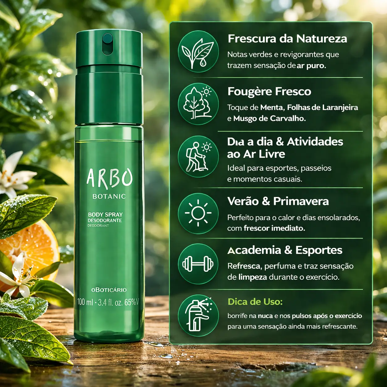 Arbo Botanic Body Spray 100ml em imagem com perfil verde, fresco e revigorante, entre os melhores body splash masculino.