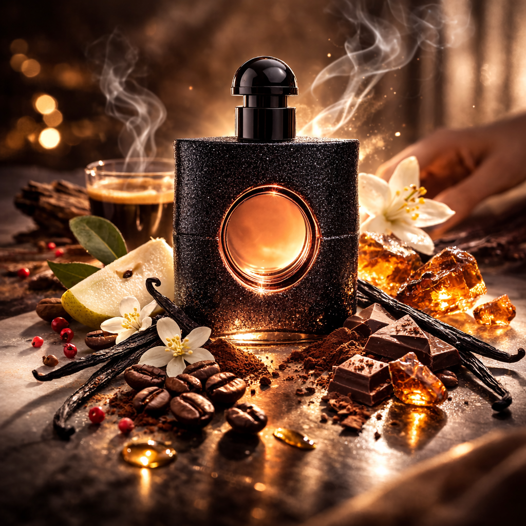 Perfumes com notas de café em cena luxuosa com frasco Black Opium, grãos de café, espresso, baunilha, chocolate e âmbar dourado.