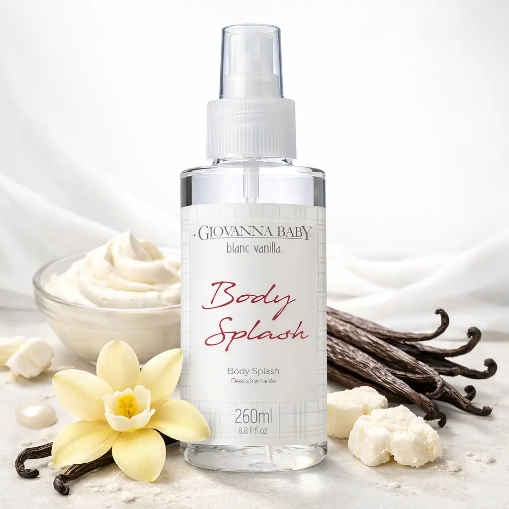 Giovanna Baby Blanc Vanilla body splash com vagens de baunilha, flor de baunilha e creme em fundo claro.