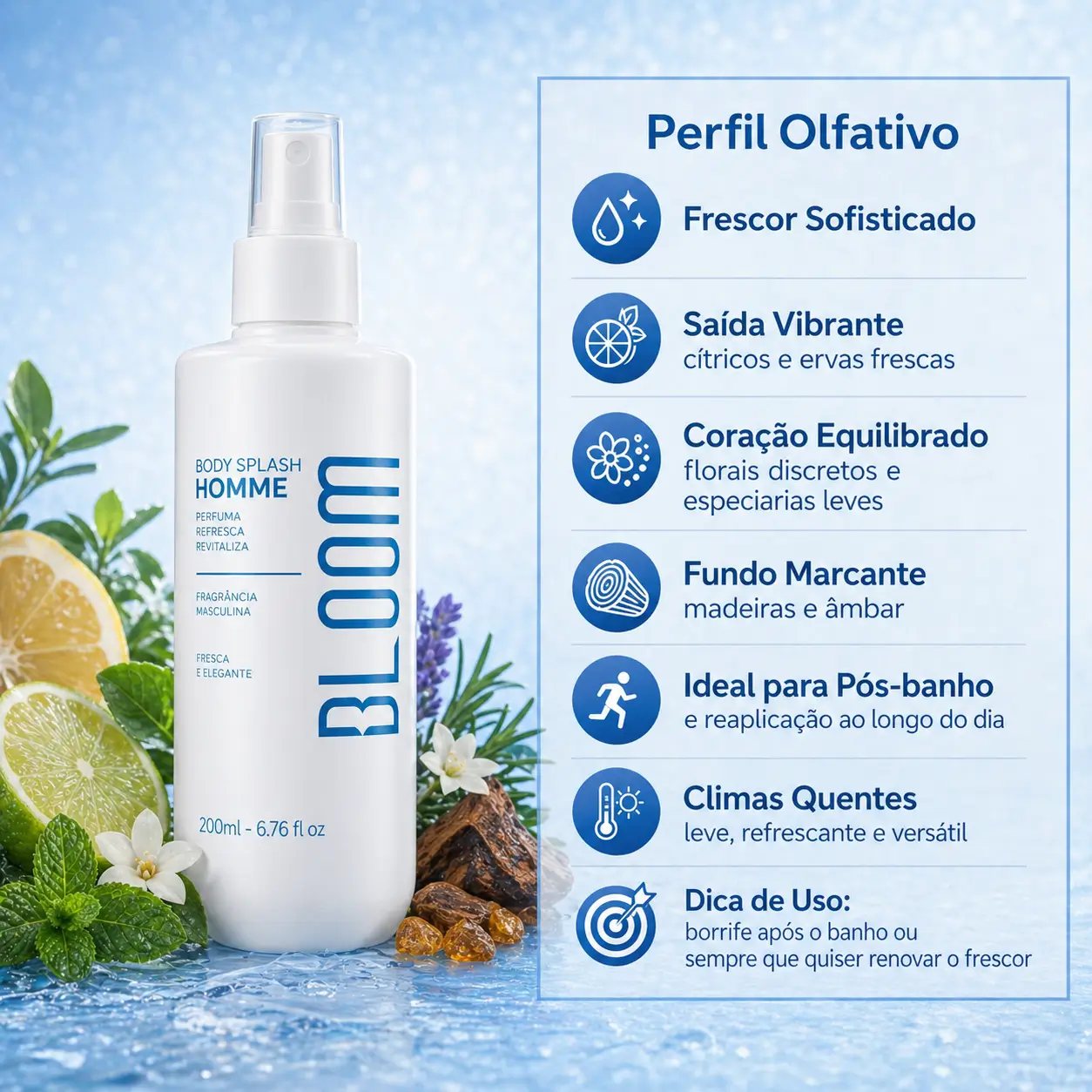 Body Splash Bloom Homme em imagem com perfil olfativo fresco, cítrico, amadeirado e ideal para o pós-banho.