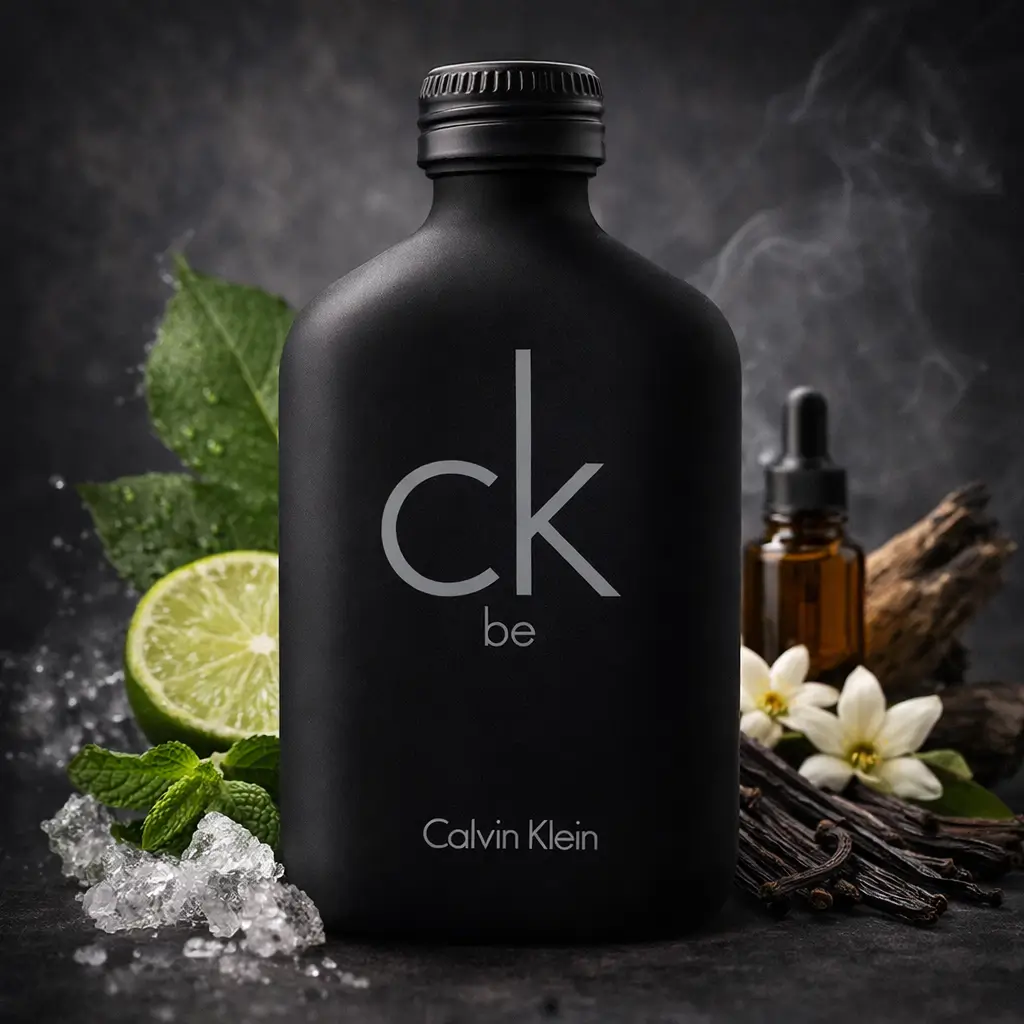 CK Be Calvin Klein em frasco preto fosco com limão, hortelã, folhas verdes, baunilha e notas amadeiradas ao redor