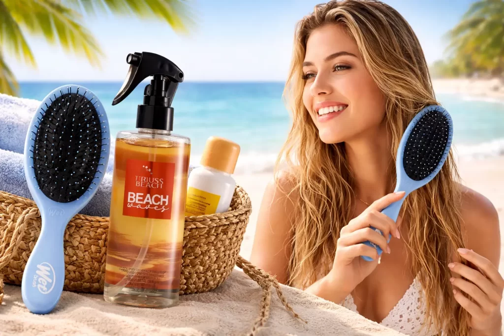 Como Desembaraçar o Cabelo na Praia sem Quebrar usando leave-in e escova de dentes largos na areia
