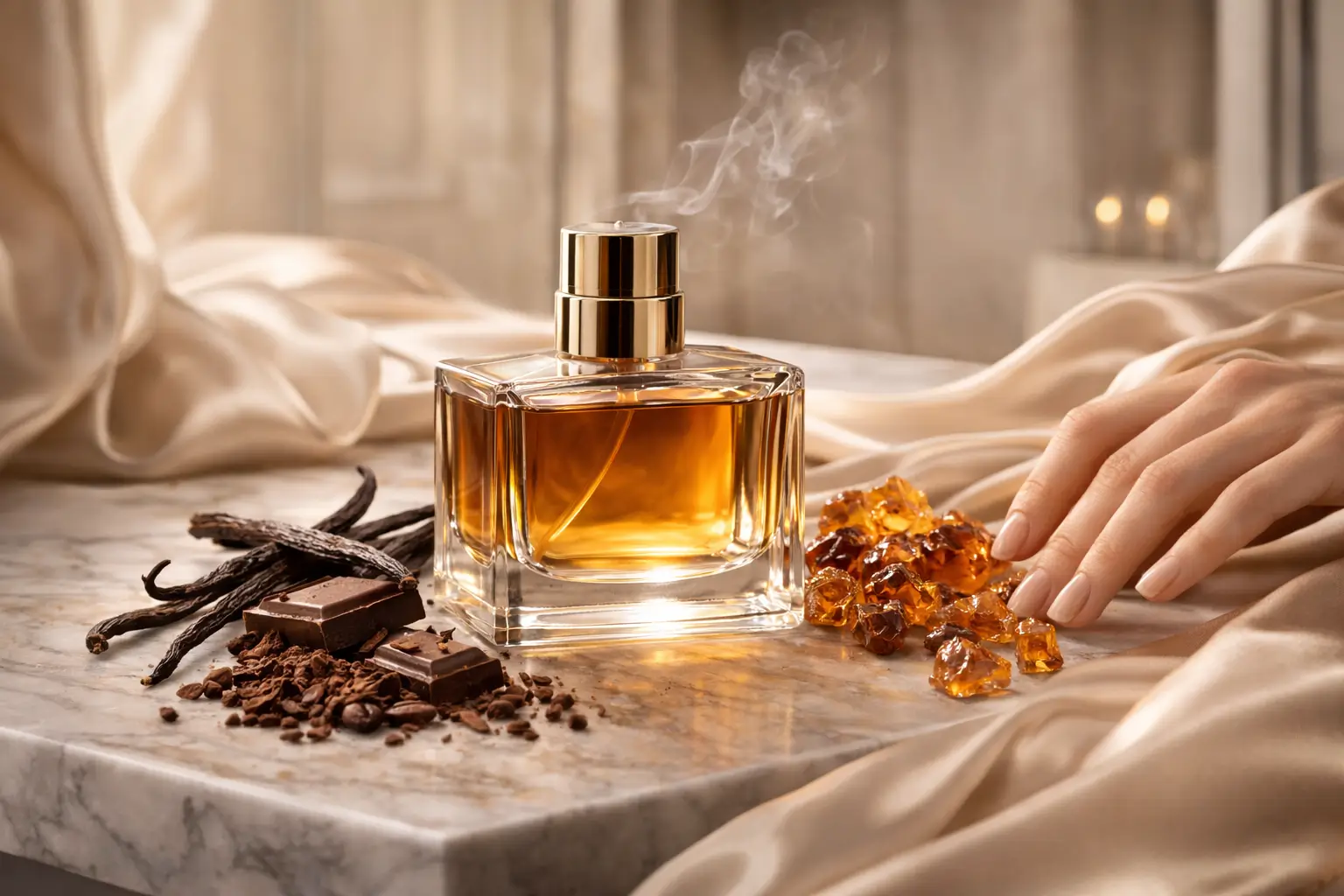 Gourmand Sofisticado com frasco de perfume âmbar em mármore, baunilha seca, chocolate amargo e cristais de âmbar em cenário elegante.