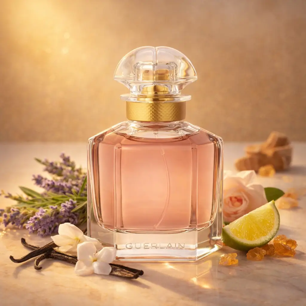 Perfumes de baunilha para o calor: frasco Mon Guerlain com lavanda, bergamota, jasmim, rosa e baunilha sobre mármore bege