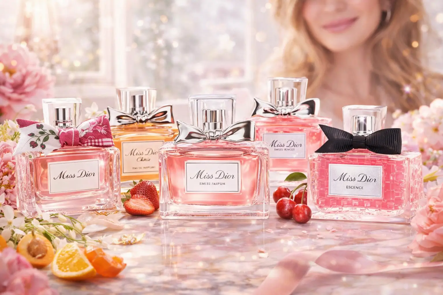 Linha Miss Dior com quatro frascos de perfume em cenário elegante com flores, frutas e iluminação suave.