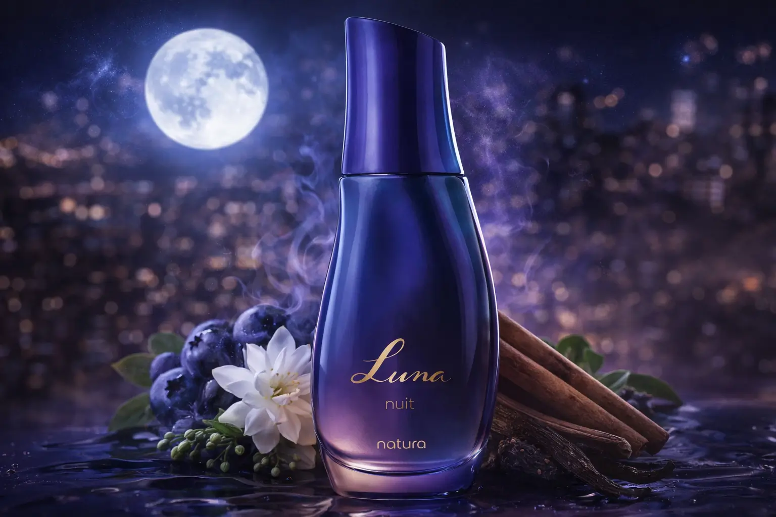 Luna Nuit Natura em frasco azul profundo, perfume feminino intenso e sofisticado para noites marcantes