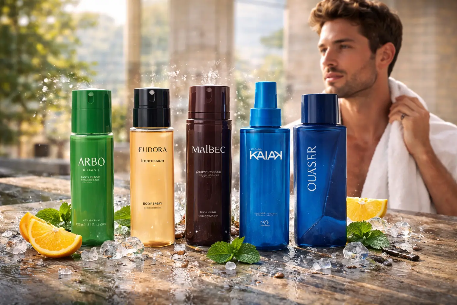 Melhores Body Splashes Masculinos em destaque com frascos Arbo, Eudora Impression, Malbec, Kaiak e Quasar Blue, com gelo, cítricos e água.