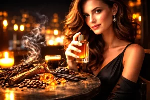Perfume assinatura noite em cenário noturno elegante com mulher segurando frasco âmbar, luzes bokeh ao fundo e notas quentes como café, madeiras e âmbar.