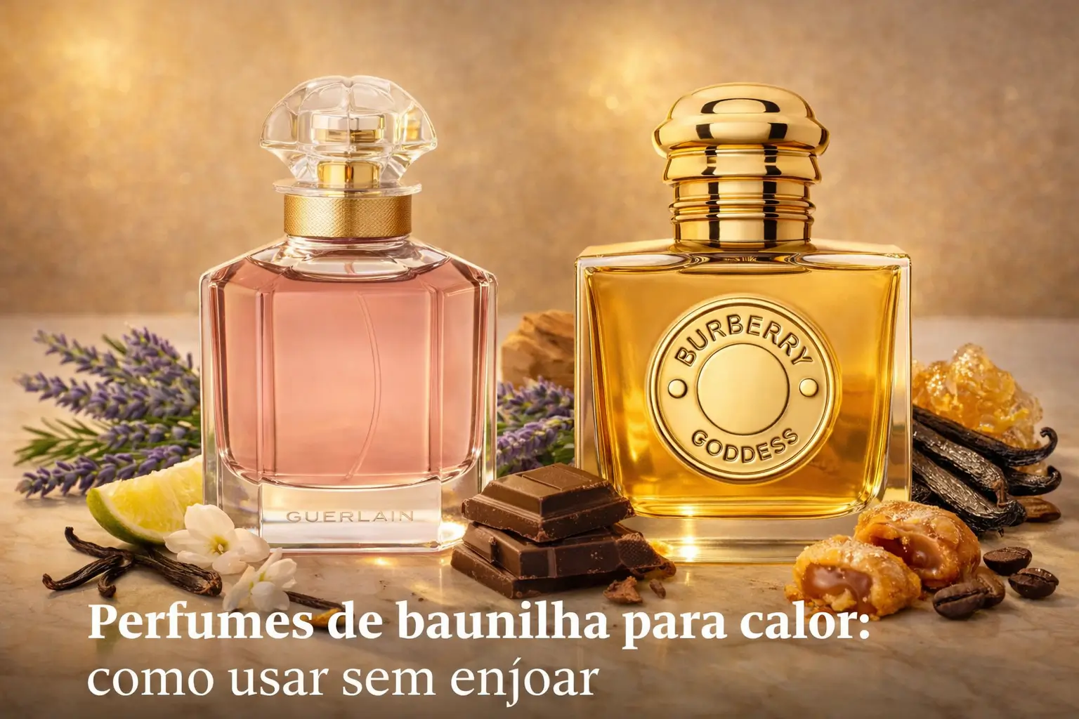 Perfumes de baunilha para o calor: Mon Guerlain e Burberry Goddess em cenário dourado com lavanda, baunilha, bergamota, chocolate e âmbar