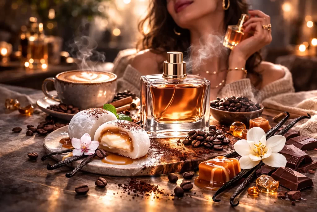 Perfumes gourmand adulto em cenário elegante com frasco de perfume, mochi cremoso, café, baunilha e caramelo.
