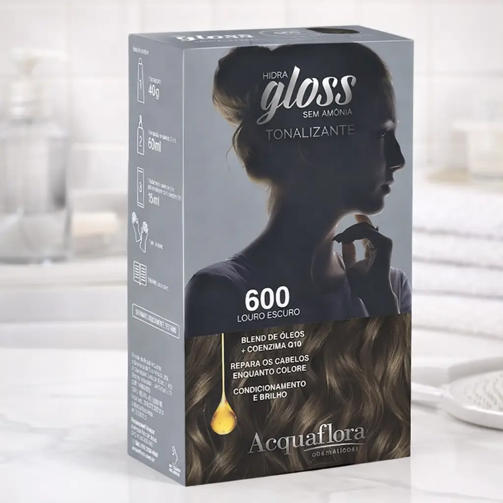 Tonalizante para cabelo branco Acquaflora Hidra Gloss 600 Louro escuro sem amônia, com embalagem em destaque em cenário de bancada.