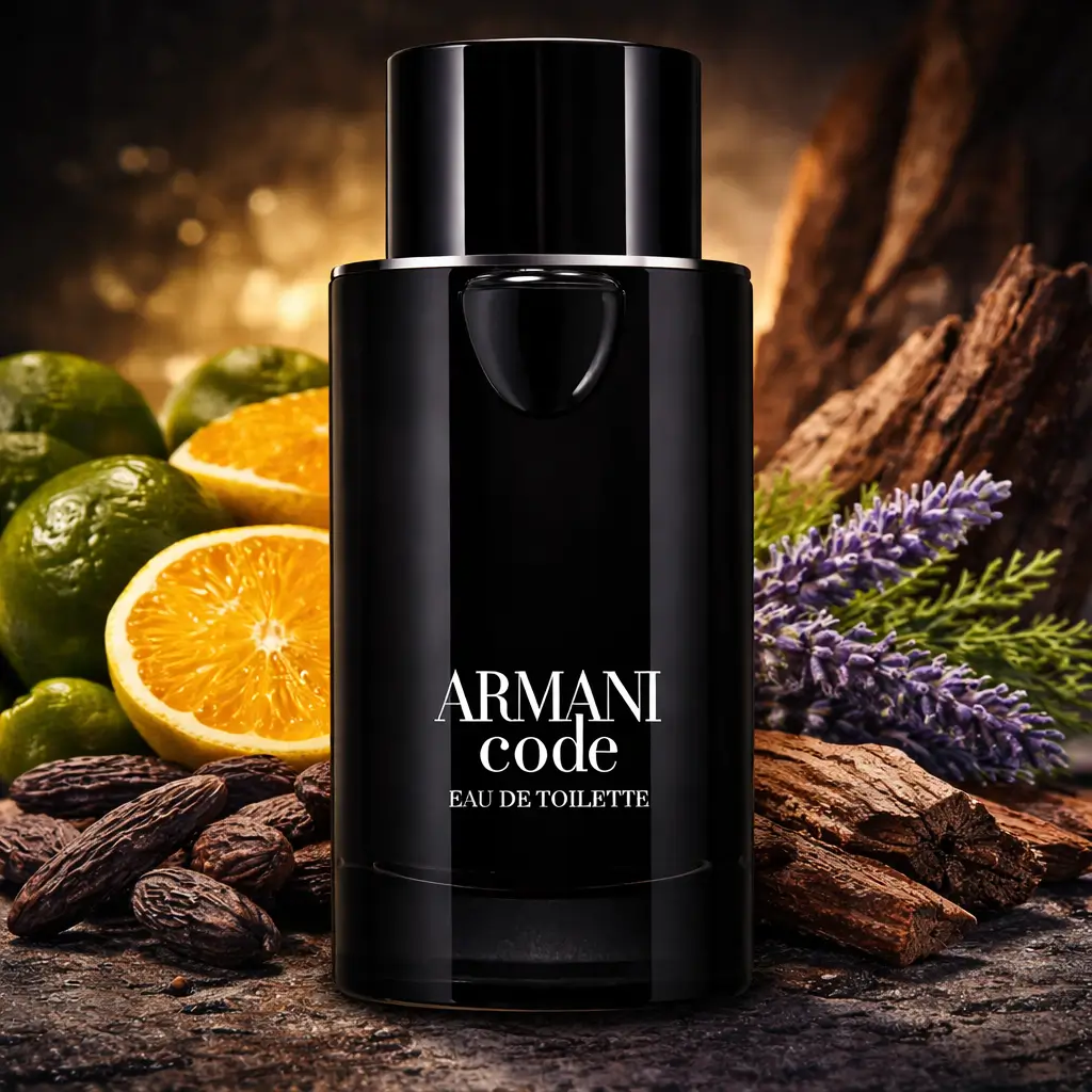Ofertas Amazon perfumes: frasco do Armani Code Eau de Toilette em cenário elegante com tangerina verde, lavanda, fava tonka e cedro.