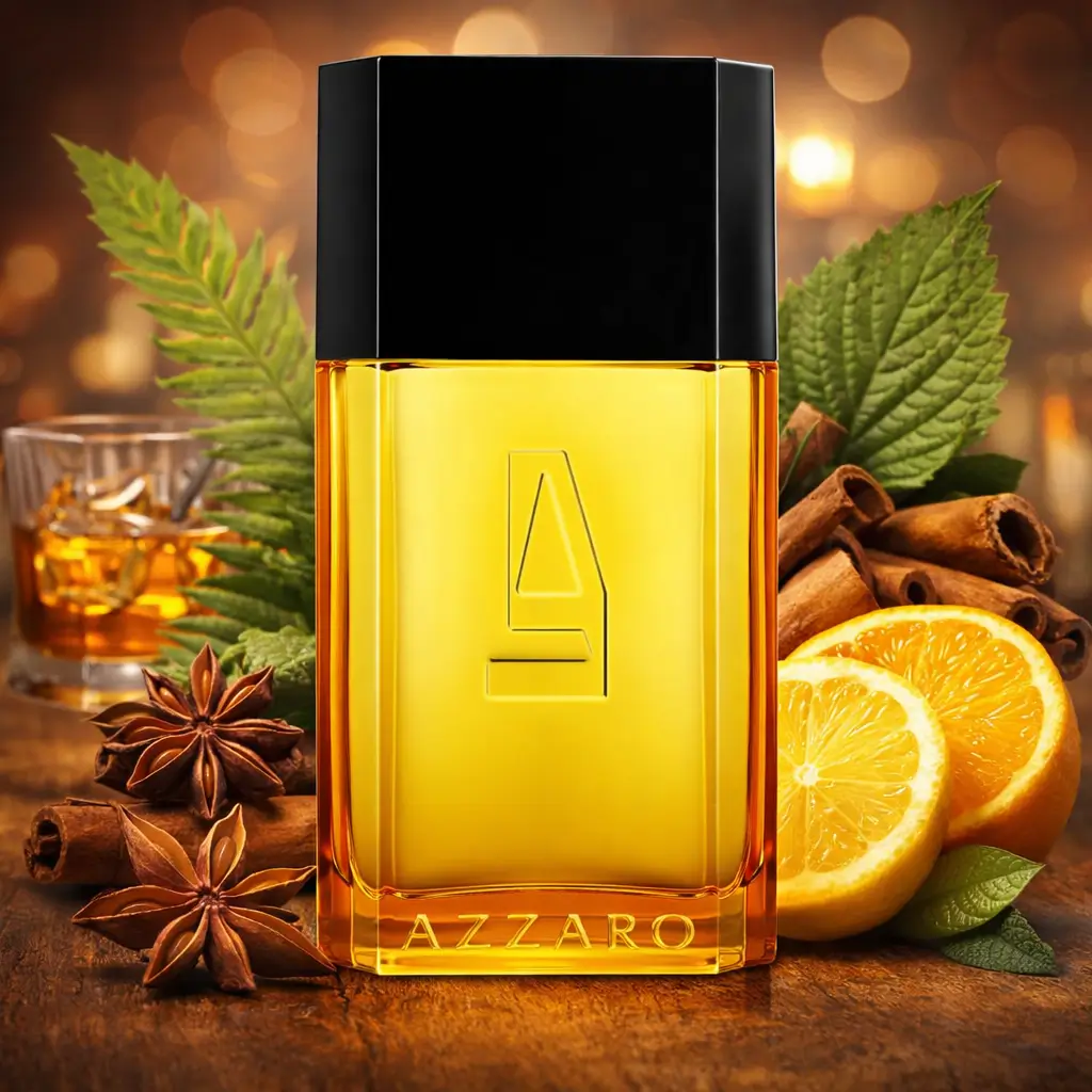 Ofertas Amazon perfumes: frasco do Azzaro Pour Homme 100 ml em cenário quente com laranja, canela, anis-estrelado e folhas verdes.