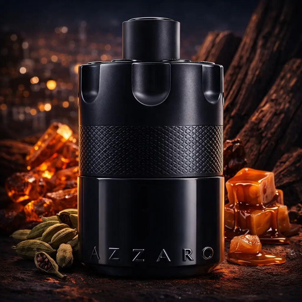 Ofertas Amazon perfumes: frasco do Azzaro The Most Wanted Intense 100 ml em cenário noturno com cardamomo, toffee/caramelo e notas amadeiradas.