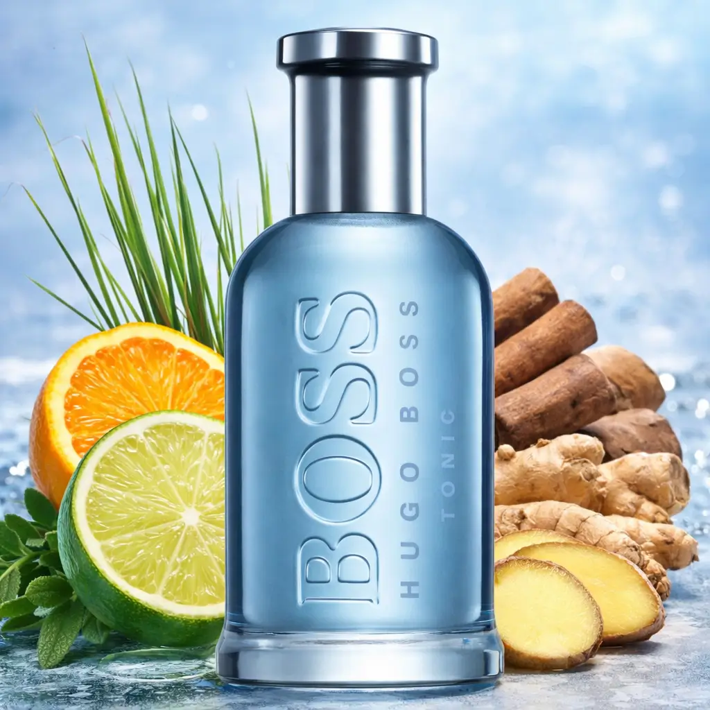 Ofertas Amazon perfumes: frasco do Boss Bottled Tonic 100 ml em cenário fresco com laranja, limão, gengibre, canela e folhas verdes.