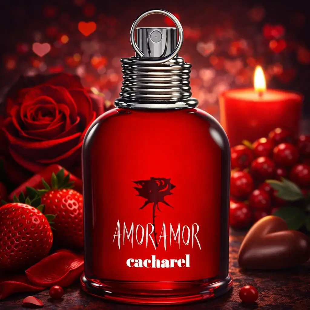 Ofertas Amazon perfumes: frasco do Cacharel Amor Amor Eau de Toilette 100 ml em cenário romântico com rosas vermelhas, morangos e vela acesa.