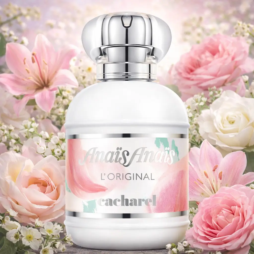 Ofertas Amazon perfumes: frasco do Cacharel Anaïs Anaïs L’Original 100 ml em cenário romântico com flores brancas e rosas em tons pastel.