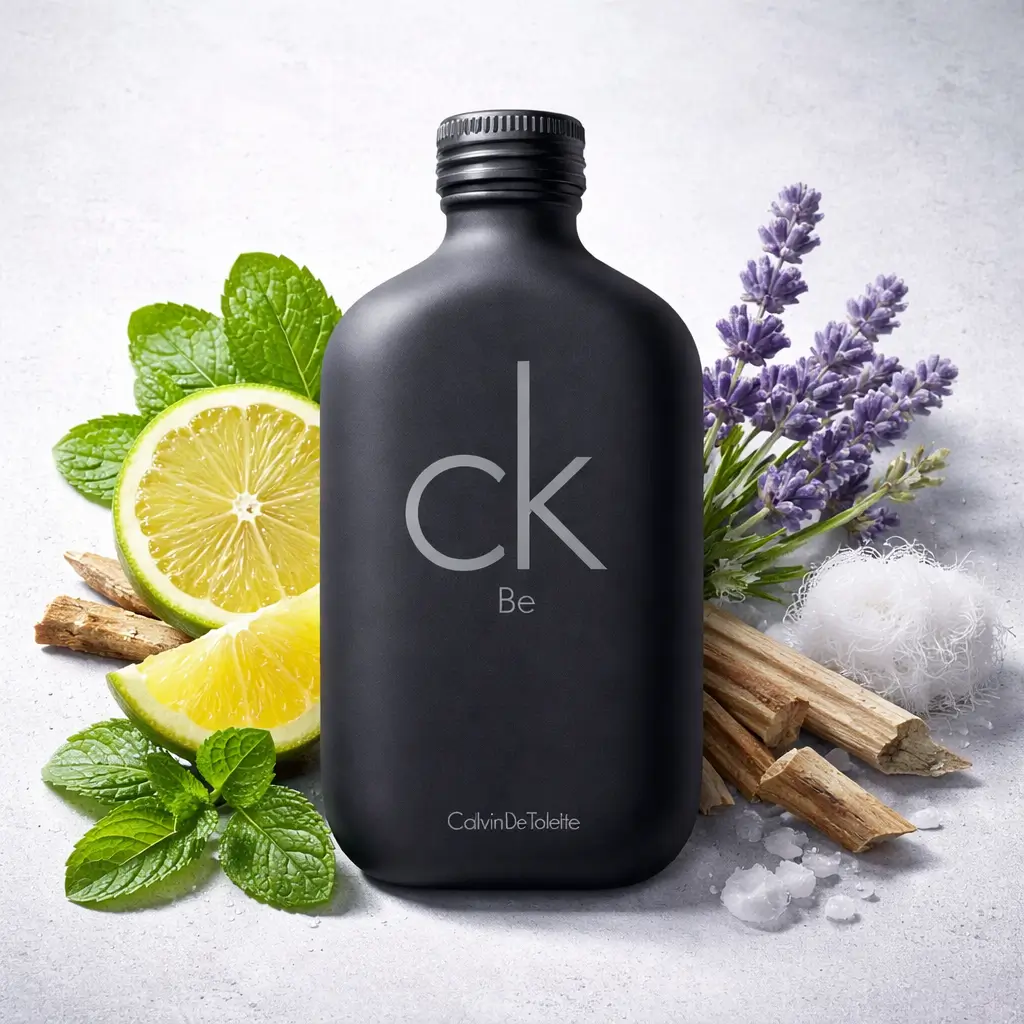 Ofertas Amazon perfumes: frasco do Calvin Klein CK Be 200 ml em cenário clean com limão, folhas de hortelã, lavanda e madeiras claras.