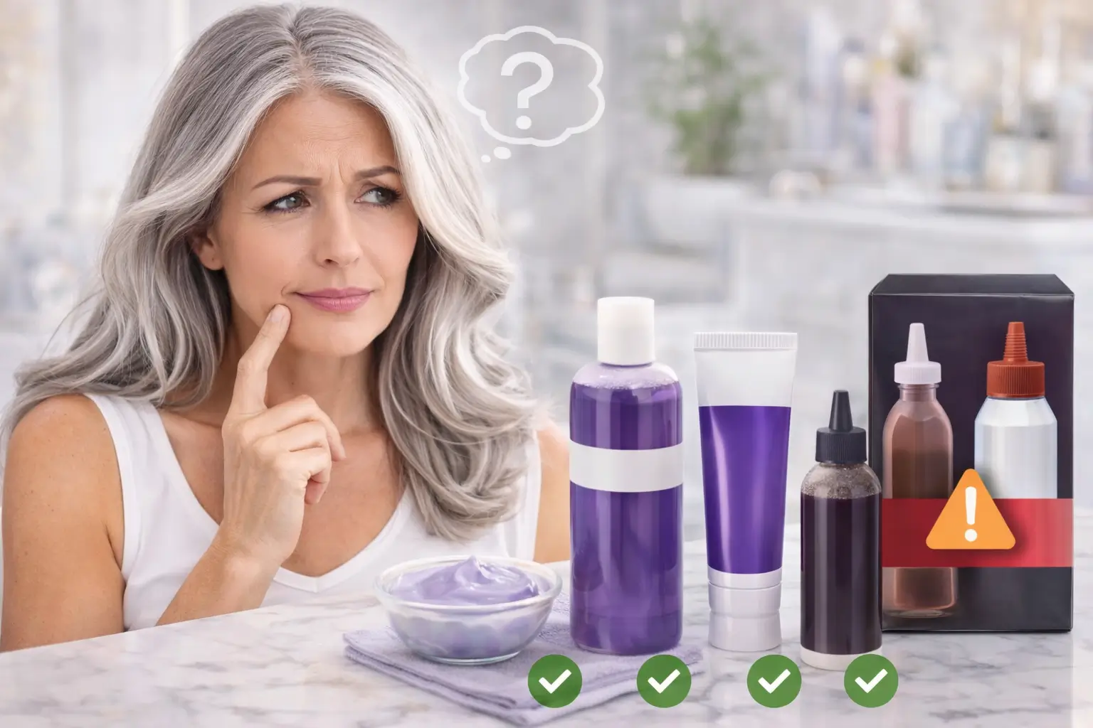 Cobrir cabelo branco sem tinta permanente: mulher grisalha com expressão de dúvida segurando opções de cobertura suave como tonalizante, gloss de cor e shampoo tonalizante.
