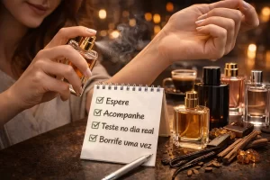 Como testar perfume na pele com mulher borrifando no pulso e checklist em bloco de notas, ao lado de frascos de perfume e mesa aconchegante.