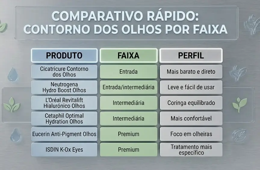 Tabela de melhor contorno dos olhos por preço com comparação por faixa e perfil