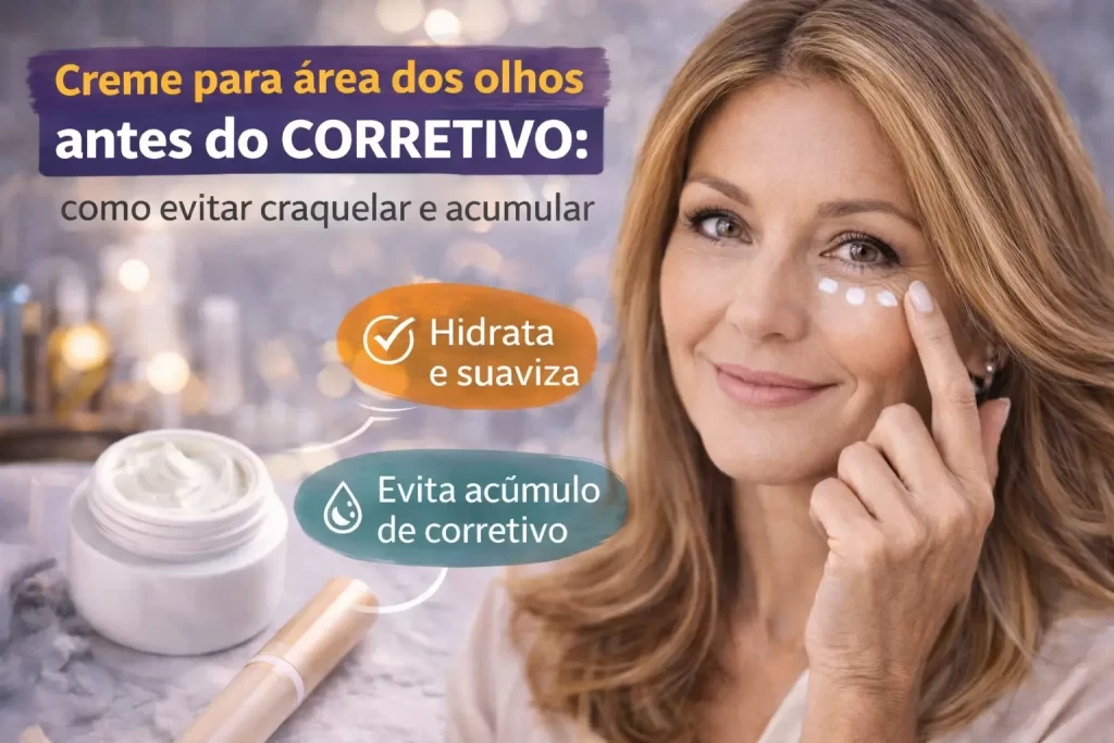 Mulher usando creme para área dos olhos antes do corretivo