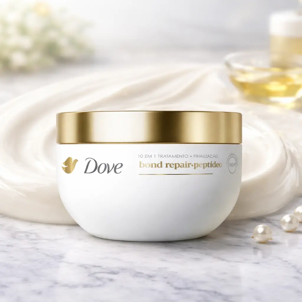 Ofertas Amazon Beleza: máscara capilar Dove 10 em 1 Bond Repair + Peptídeo 250 g em pote branco com tampa dourada, em bancada de mármore.