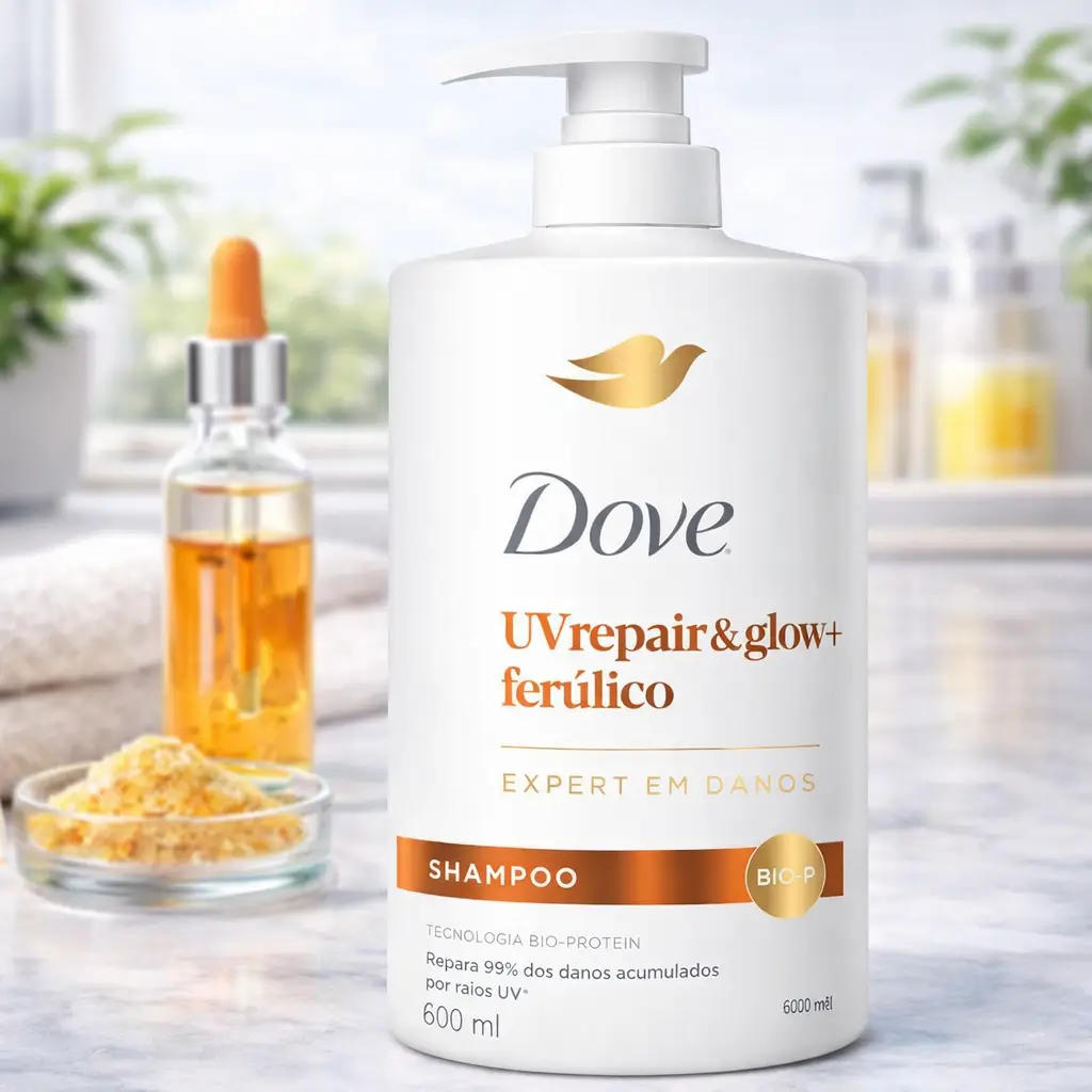 Ofertas Amazon Beleza: shampoo Dove UV Repair & Glow + Ferúlico 600 ml em frasco com pump, em bancada de banheiro com conta-gotas e elementos dourados.