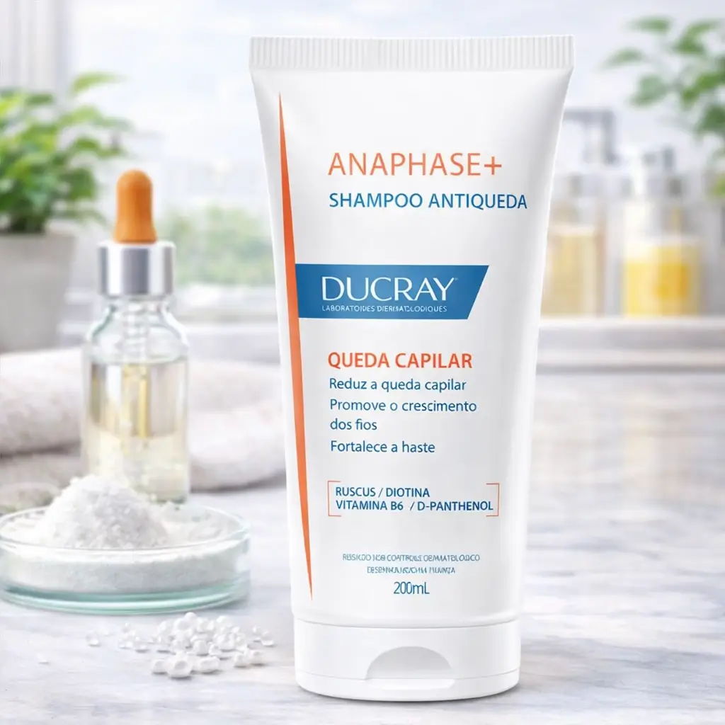 Ofertas Amazon Beleza: Ducray Anaphase+ Shampoo Antiqueda 200 ml em bisnaga branca, com conta-gotas e ativos ao lado em bancada de banheiro.