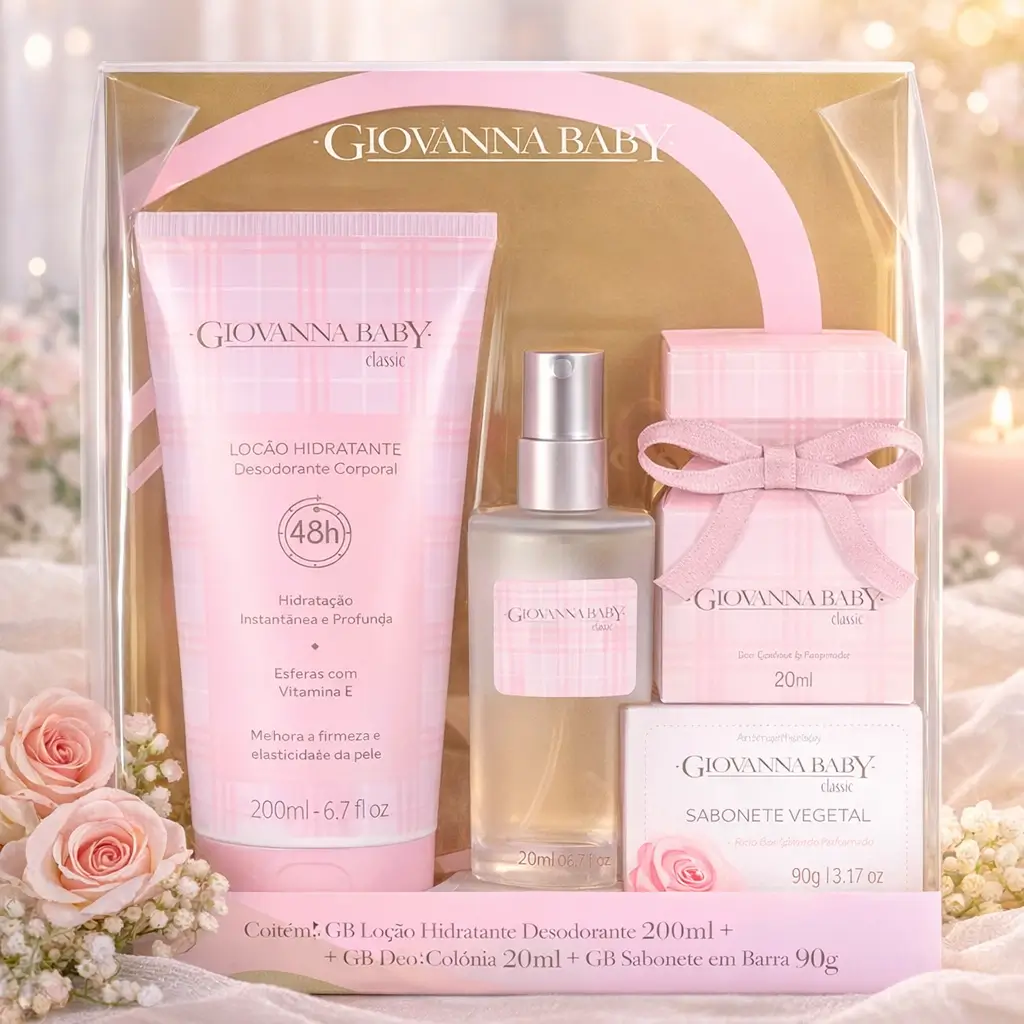 Ofertas Amazon perfumes: kit Giovanna Baby Classic com colônia 20 ml, loção hidratante 200 ml e sabonete 90 g em embalagem presenteável rosa.