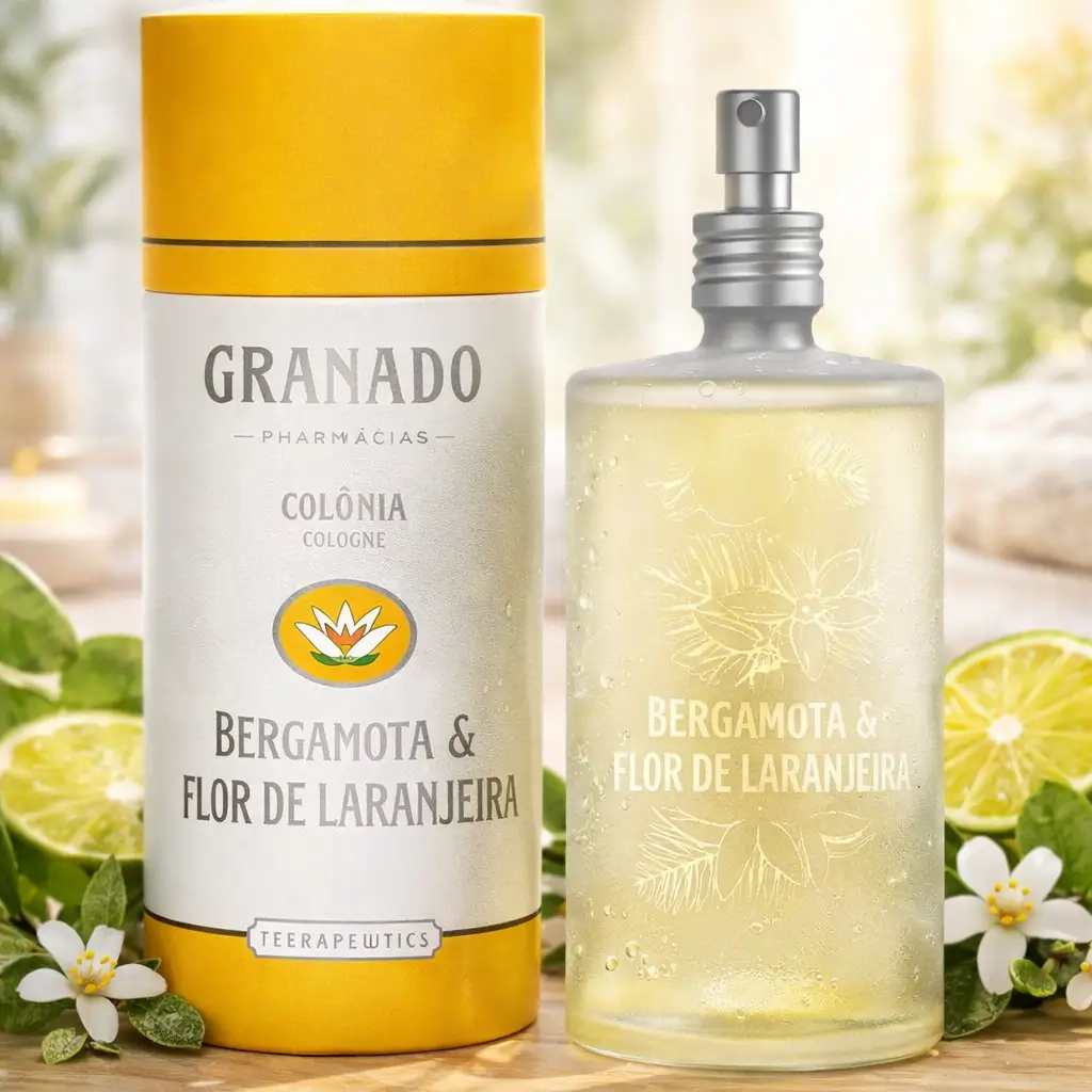 Ofertas Amazon perfumes: Granado Colônia Terrapeutics Bergamota e Flor de Laranjeira 230 ml com frasco e embalagem, em cenário cítrico com bergamota e flores brancas.