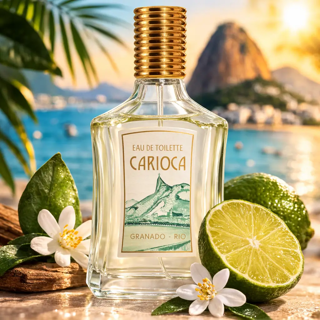 Ofertas Amazon perfumes: frasco do Granado Eau de Toilette Vintage Carioca 100 ml em cenário fresco com cítricos, folhas verdes e luz de verão.