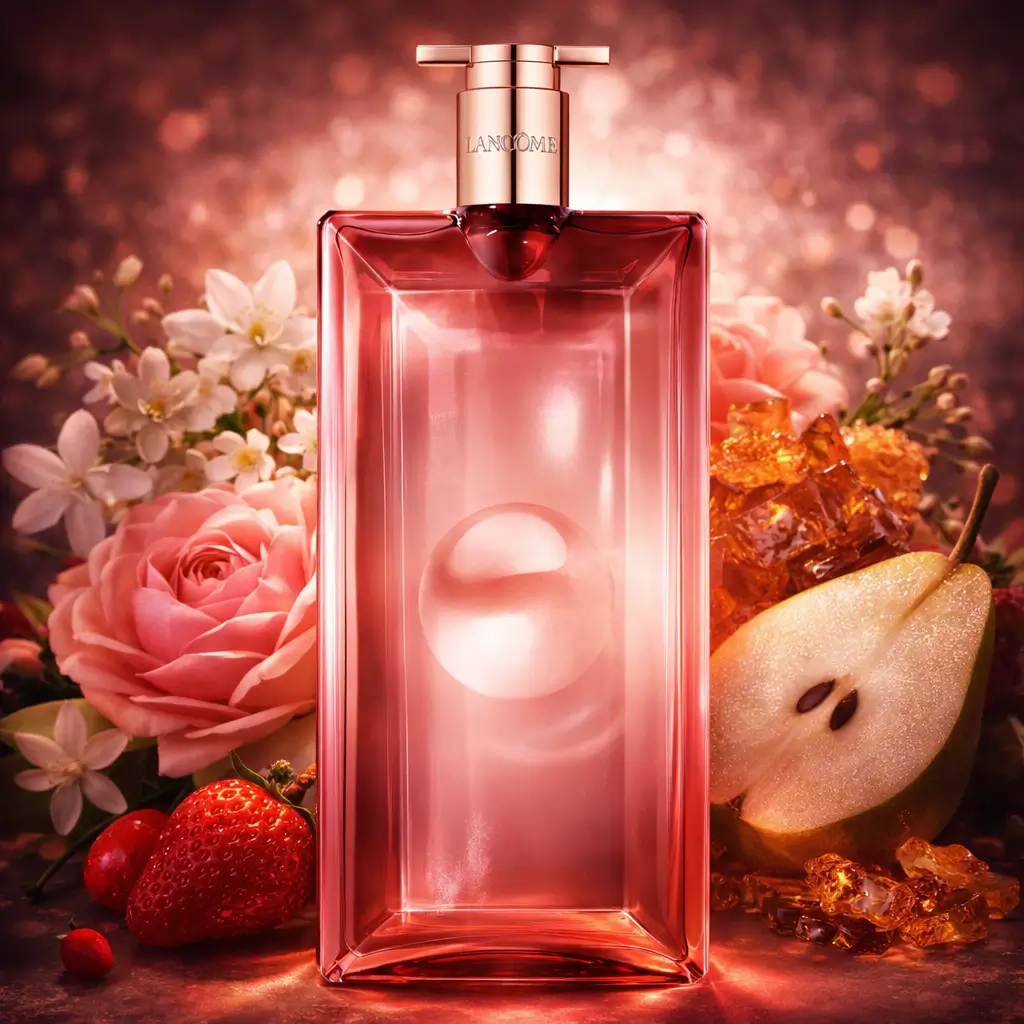 Ofertas Amazon perfumes: frasco do Lancôme Idôle Power Intense em cenário feminino com rosas, flores brancas, pera, âmbar e luz rosada.