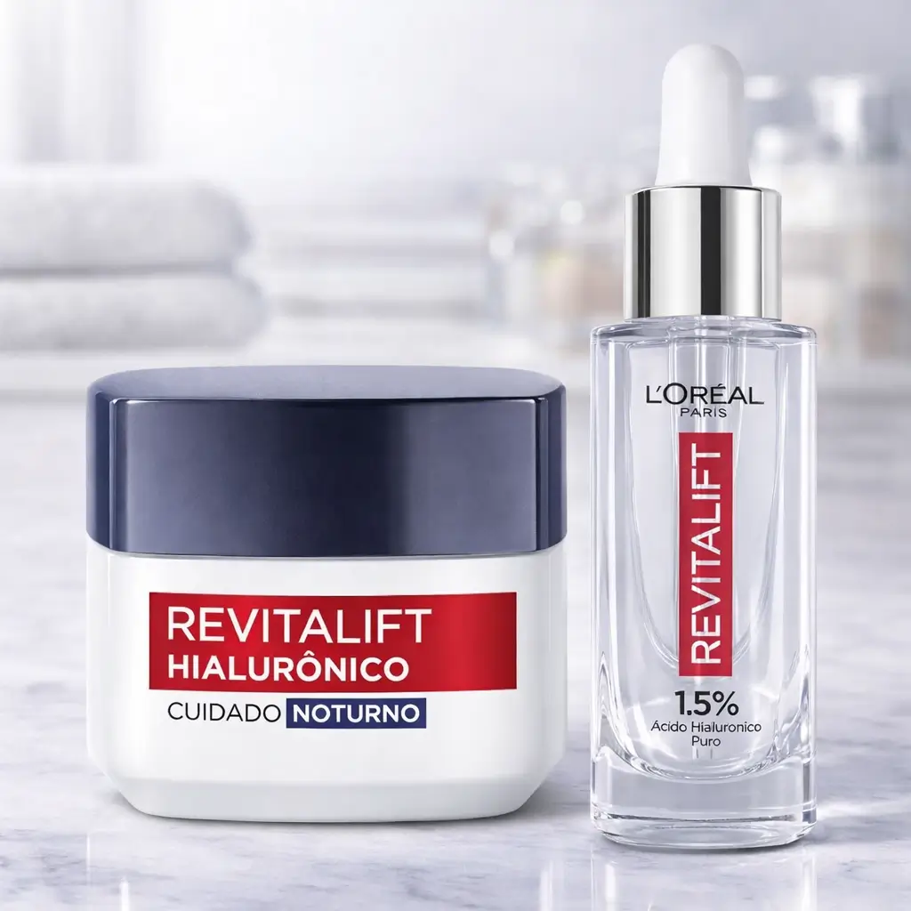 Ofertas Amazon Beleza: kit L’Oréal Paris Revitalift Hialurônico com sérum 30 ml e creme facial noturno 49 g em bancada de banheiro.