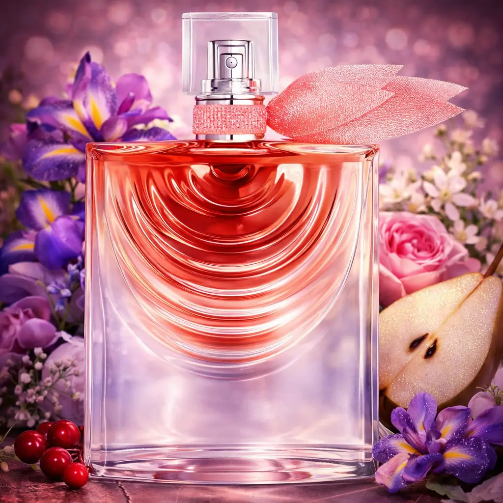 Ofertas Amazon perfumes: frasco do Lancôme La Vie est Belle Iris Absolu 50 ml em cenário floral com íris roxa, rosa, pera e luz rosada.