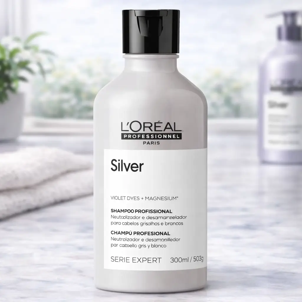 Ofertas Amazon Beleza: shampoo L’Oréal Professionnel Silver 300 ml em frasco cinza com tampa preta, em bancada de banheiro.