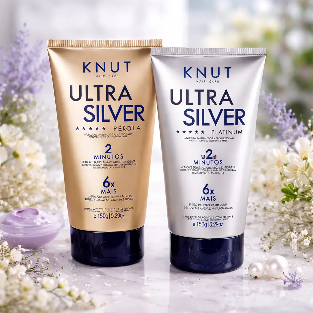 Máscaras Knut Ultra Silver Pérola e Platinum para cabelo cacheado grisalho