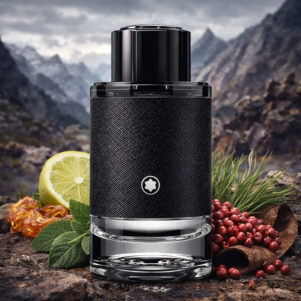 Ofertas Amazon perfumes: frasco do Montblanc Explorer Eau de Parfum 100 ml em cenário com montanhas, bergamota, pimenta-rosa, vetiver e notas amadeiradas.