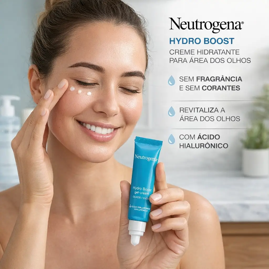 Mulher aplicando Neutrogena Hydro Boost para mostrar como aplicar creme na área dos olhos